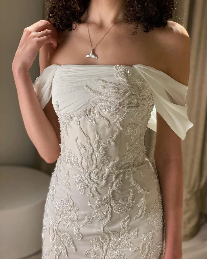 Luxury Ivory Sequin Embroidered Off Shoulder Evening Dress SS622-DreamyVow
