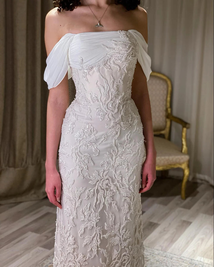 Luxury Ivory Sequin Embroidered Off Shoulder Evening Dress SS622-DreamyVow