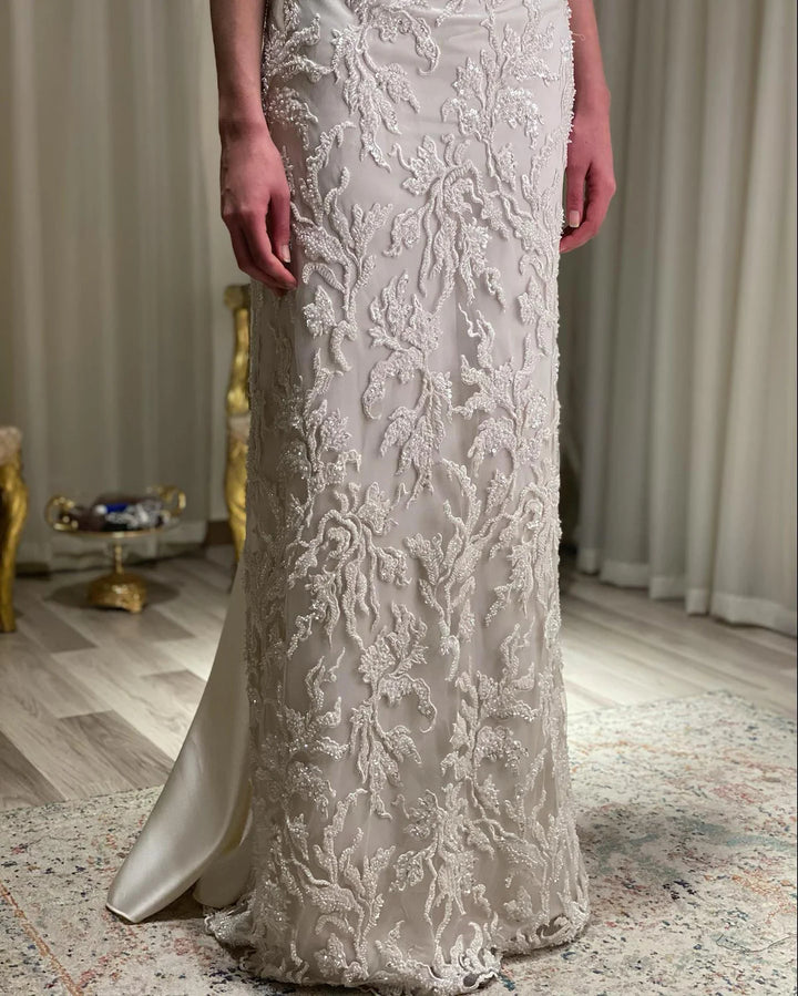 Luxury Ivory Sequin Embroidered Off Shoulder Evening Dress SS622-DreamyVow