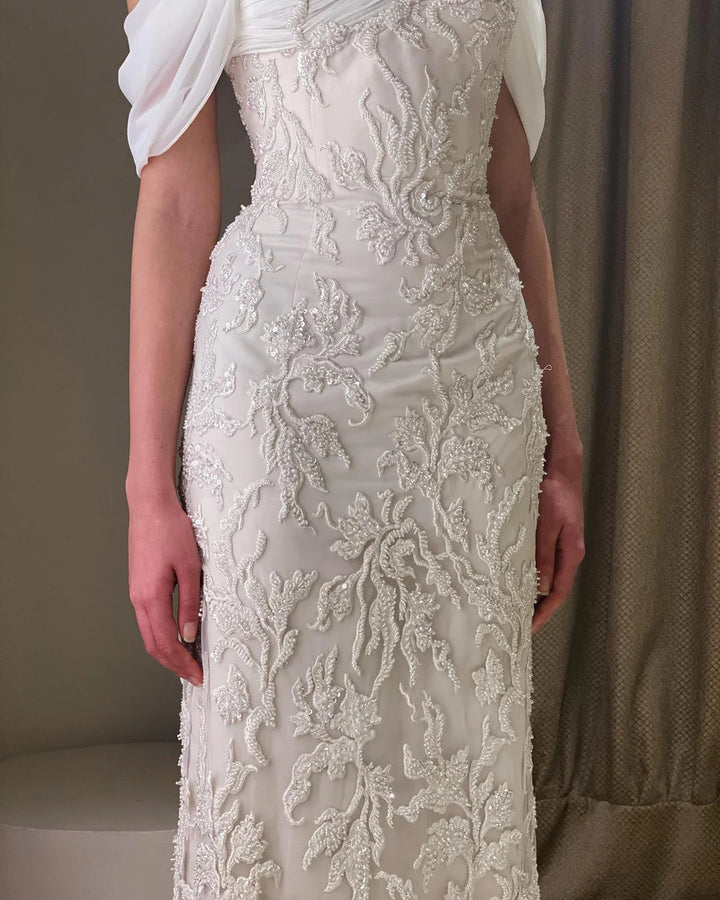 Luxury Ivory Sequin Embroidered Off Shoulder Evening Dress SS622-DreamyVow