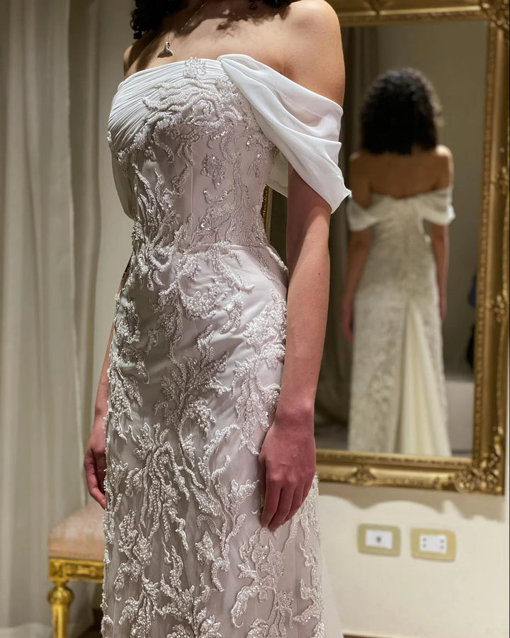 Luxury Ivory Sequin Embroidered Off Shoulder Evening Dress SS622-DreamyVow