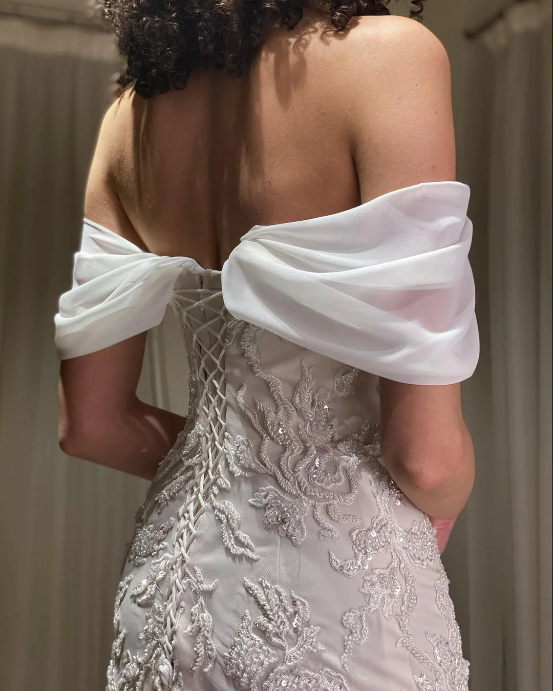 Luxury Ivory Sequin Embroidered Off Shoulder Evening Dress SS622-DreamyVow