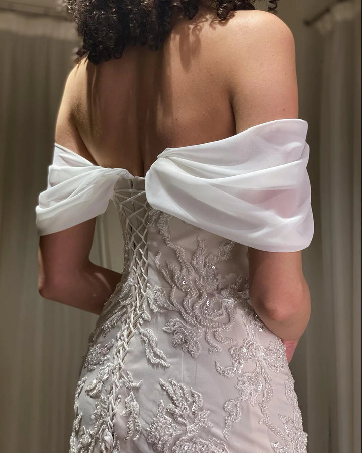 Luxury Ivory Sequin Embroidered Off Shoulder Evening Dress SS622-DreamyVow