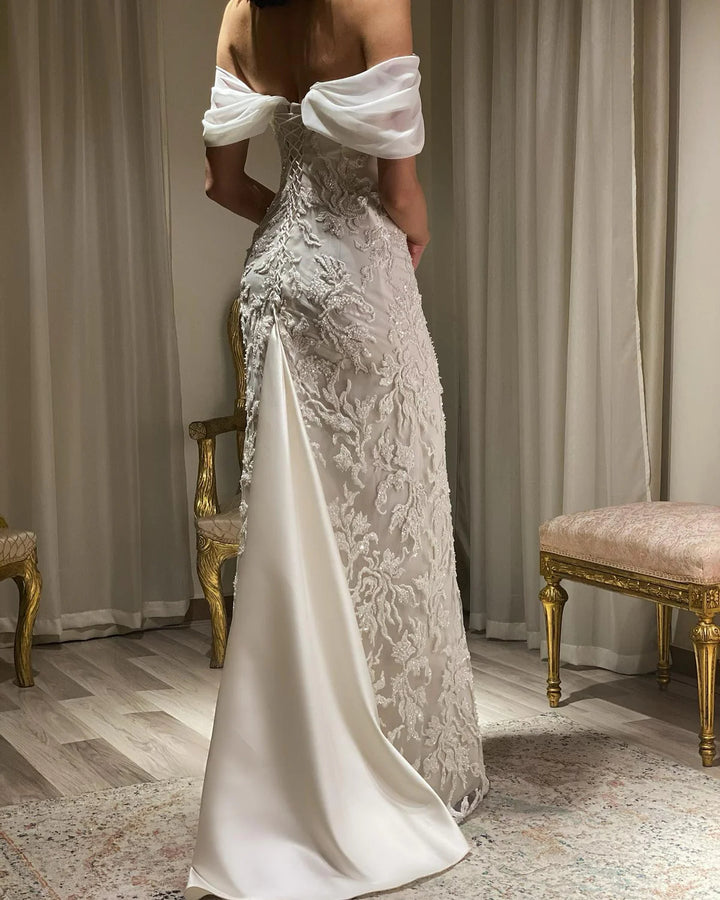 Luxury Ivory Sequin Embroidered Off Shoulder Evening Dress SS622-DreamyVow