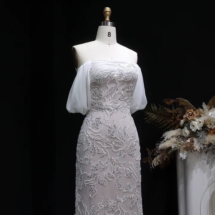 Luxury Ivory Sequin Embroidered Off Shoulder Evening Dress SS622-DreamyVow