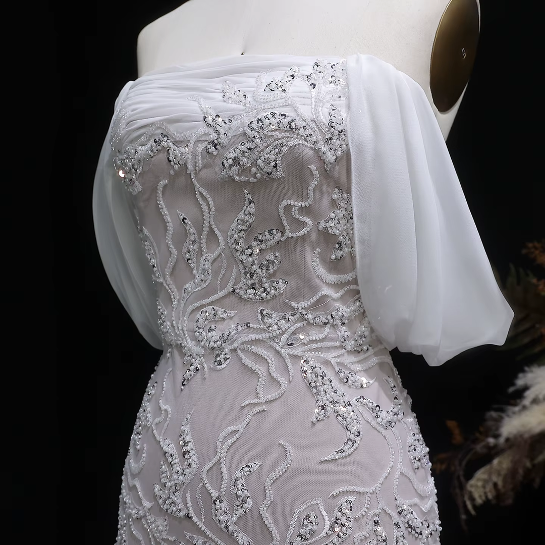 Luxury Ivory Sequin Embroidered Off Shoulder Evening Dress SS622-DreamyVow
