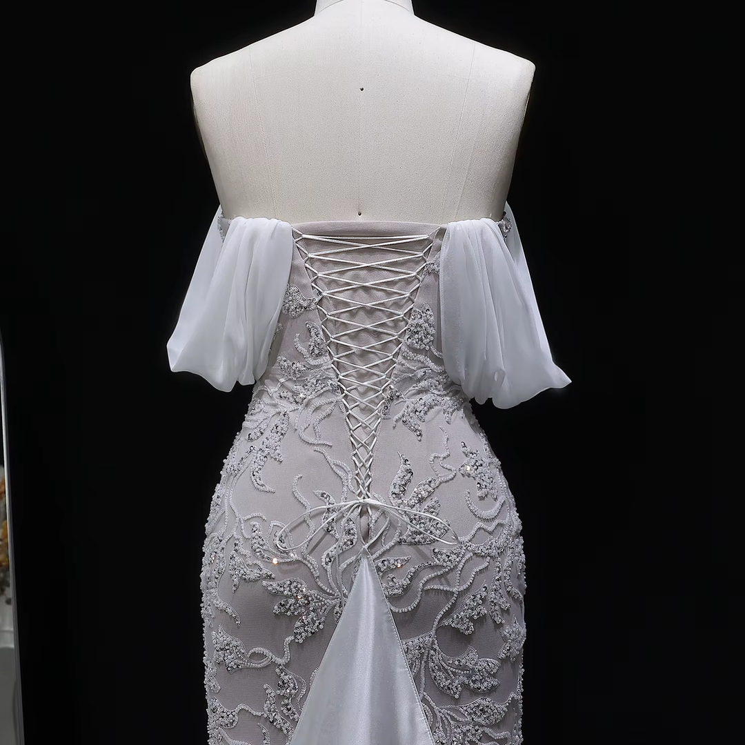Luxury Ivory Sequin Embroidered Off Shoulder Evening Dress SS622-DreamyVow