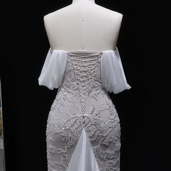 Luxury Ivory Sequin Embroidered Off Shoulder Evening Dress SS622-DreamyVow