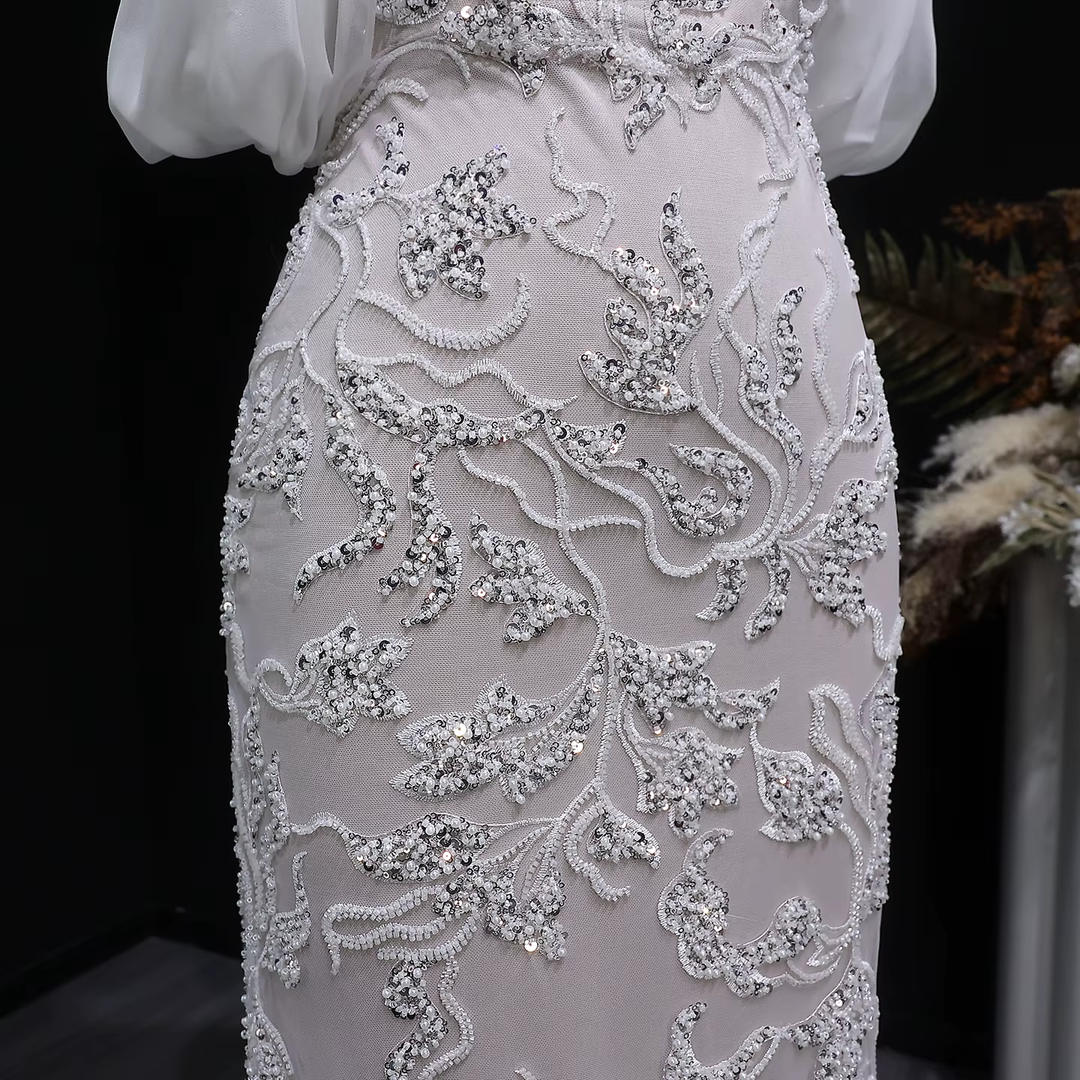 Luxury Ivory Sequin Embroidered Off Shoulder Evening Dress SS622-DreamyVow