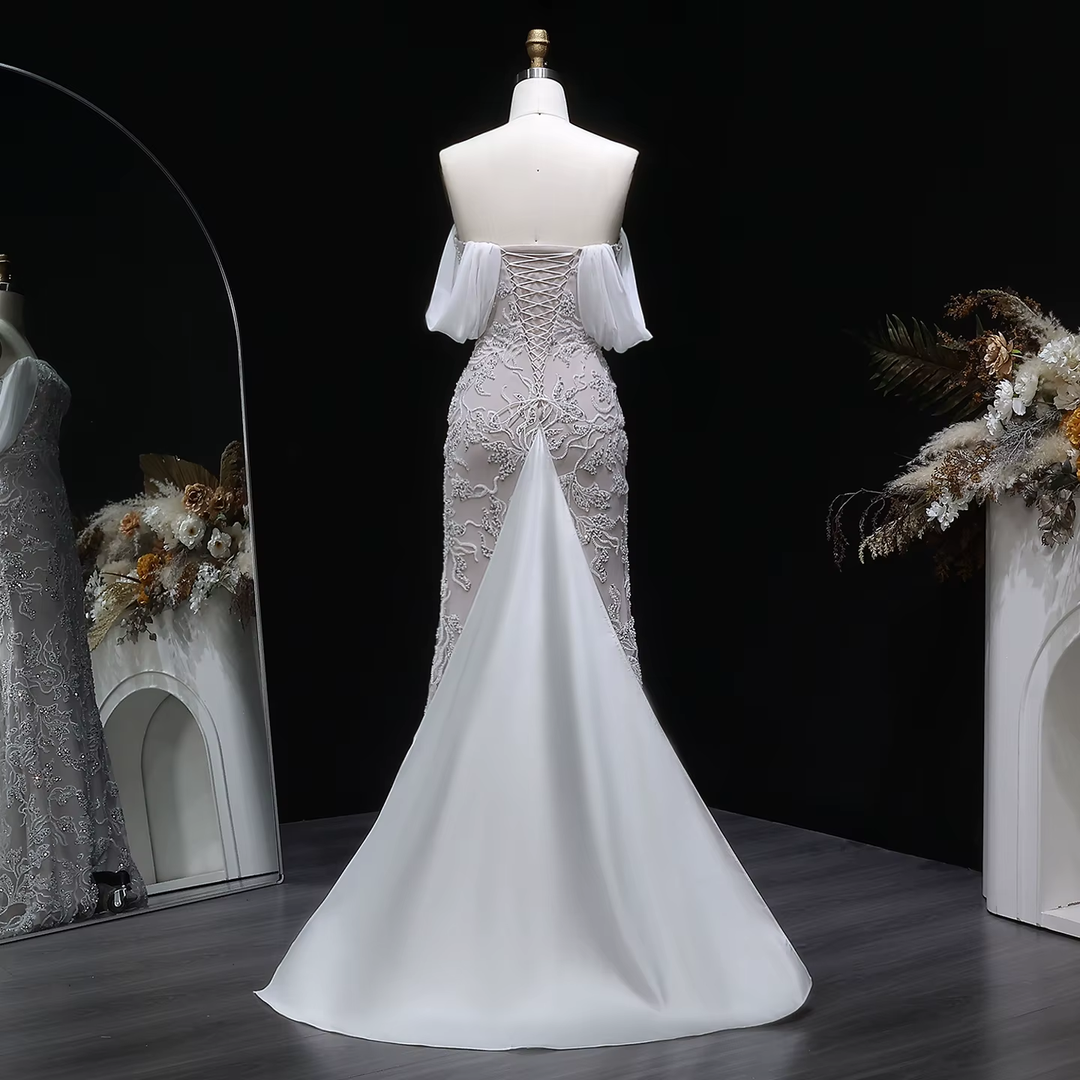 Luxury Ivory Sequin Embroidered Off Shoulder Evening Dress SS622-DreamyVow