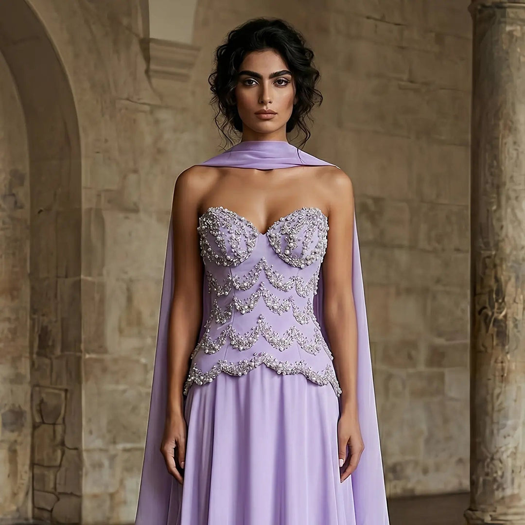 Luxury Lavender Strapless Beaded Evening Dress with Scarf SS753-DreamyVow