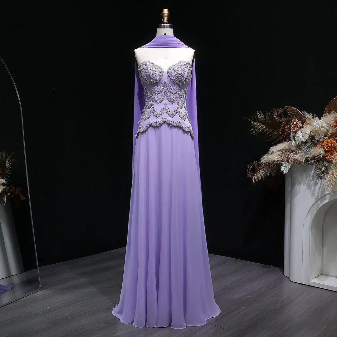 Luxury Purple Strapless Beaded Evening Dress with Scarf SS753 DreamyVow Luxury Purple Strapless Beaded Evening Dress with Scarf SS753 DreamyVow