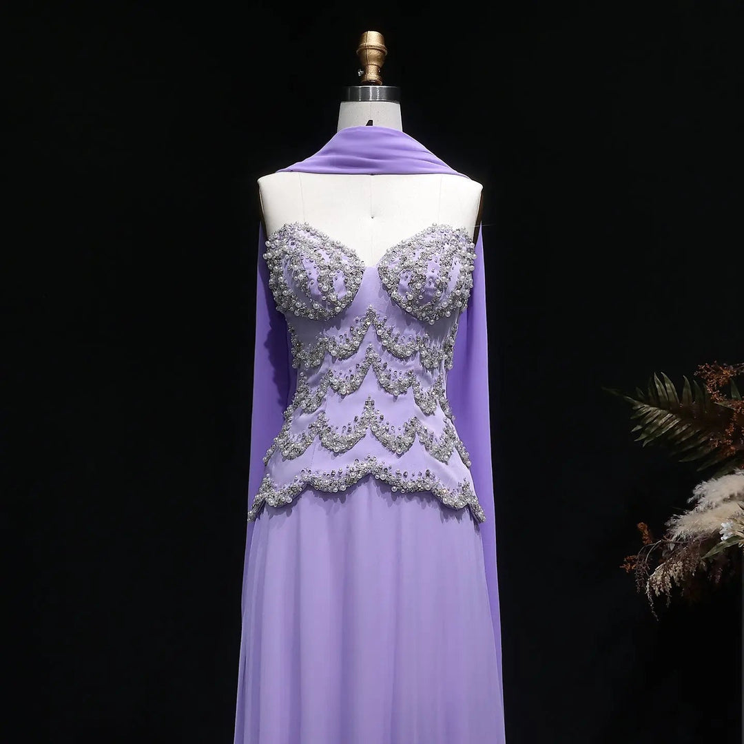 Luxury Lavender Strapless Beaded Evening Dress with Scarf SS753-DreamyVow