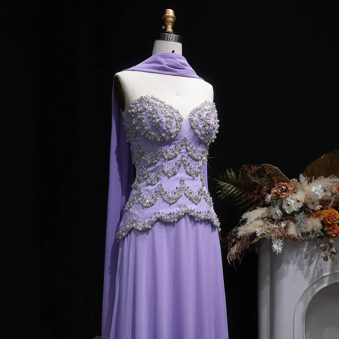 Luxury Lavender Strapless Beaded Evening Dress with Scarf SS753-DreamyVow