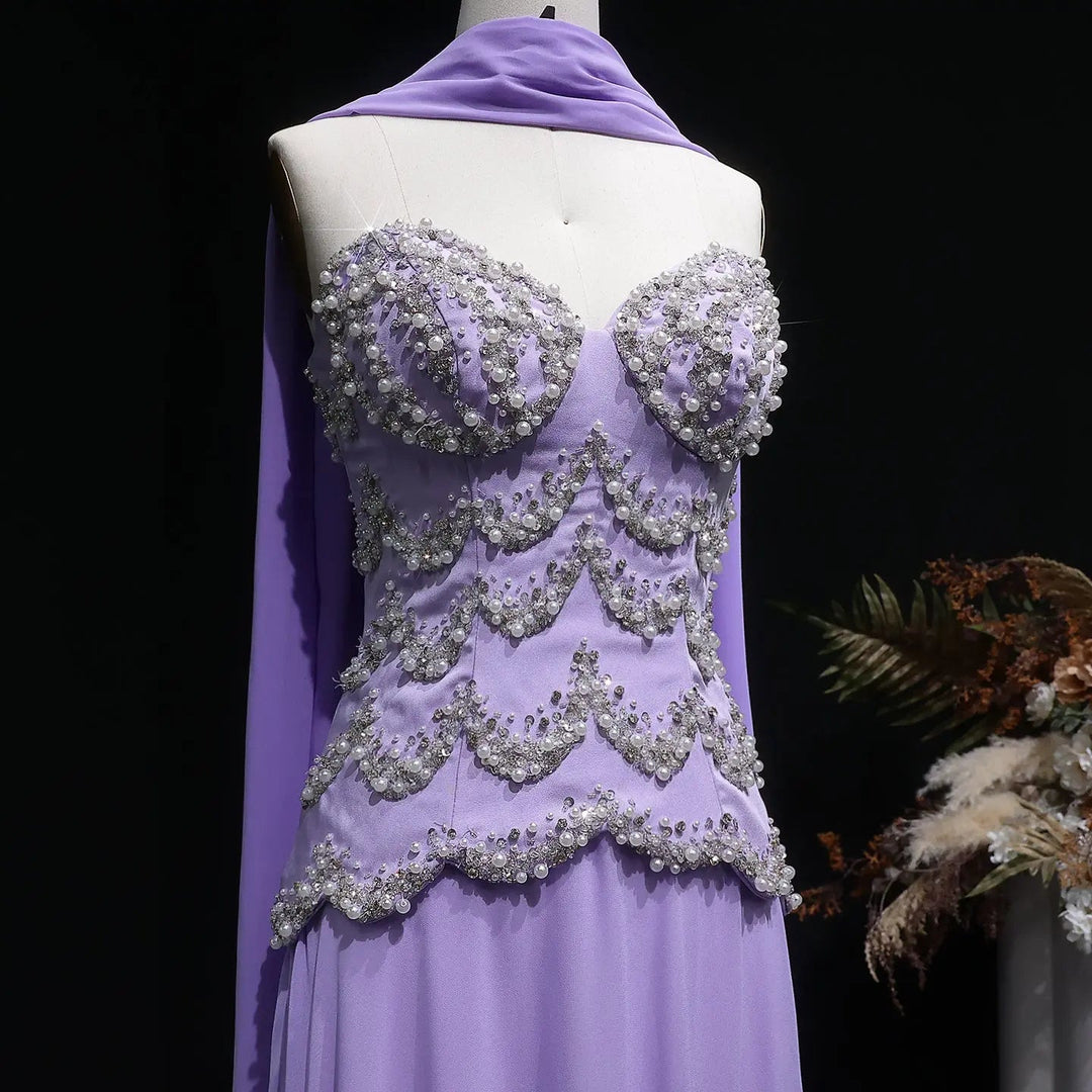 Luxury Purple Strapless Beaded Evening Dress with Scarf SS753 Luxury Purple Strapless Beaded Evening Dress with Scarf SS753