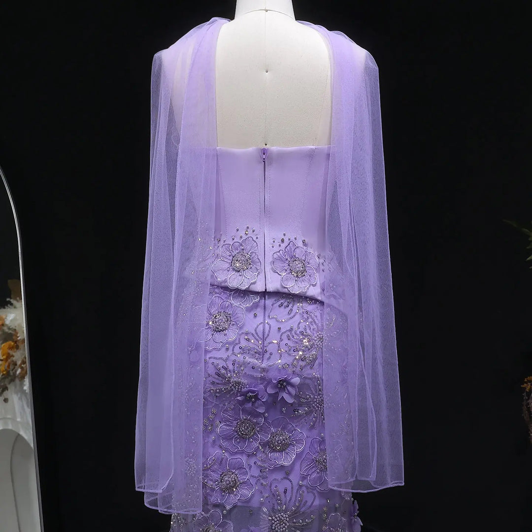 Luxury Lilac 3D Floral Beaded Embroidery Evening Dress with Scarf SS415-DreamyVow