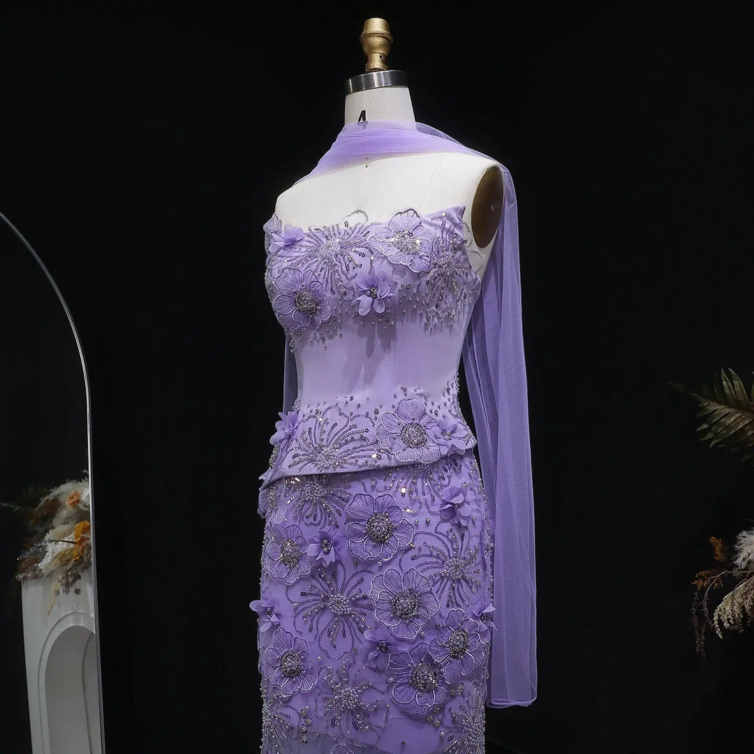 Luxury Lilac 3D Floral Beaded Embroidery Evening Dress with Scarf SS415-DreamyVow