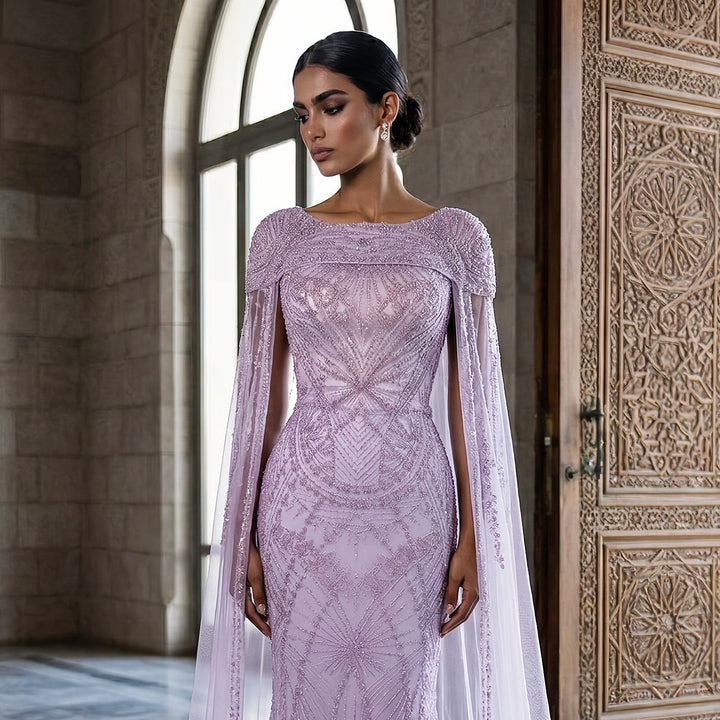 Luxury Lilac Beaded Evening Dress with Cape Sleeves Arabic SS019-DreamyVow