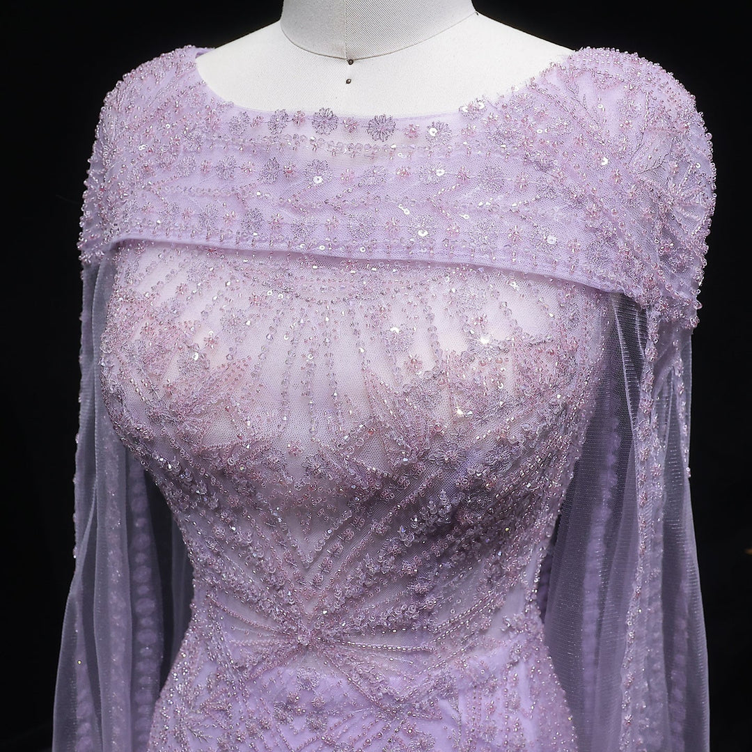 Luxury Lilac Beaded Evening Dress with Cape Sleeves Arabic SS019-DreamyVow