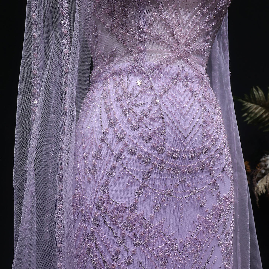 Luxury Lilac Beaded Evening Dress with Cape Sleeves Arabic SS019-DreamyVow
