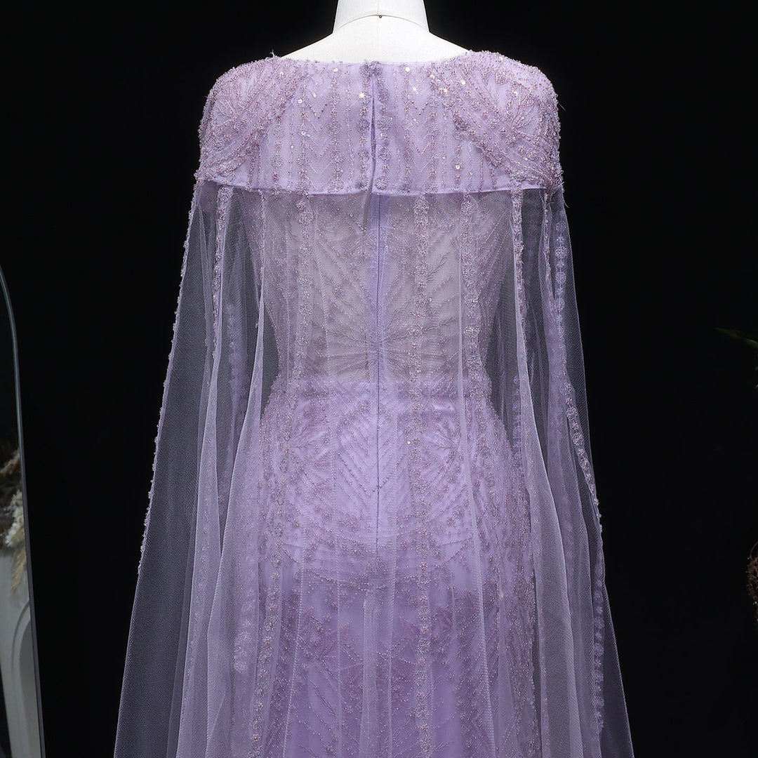 Luxury Lilac Beaded Evening Dress with Cape Sleeves Arabic SS019-DreamyVow