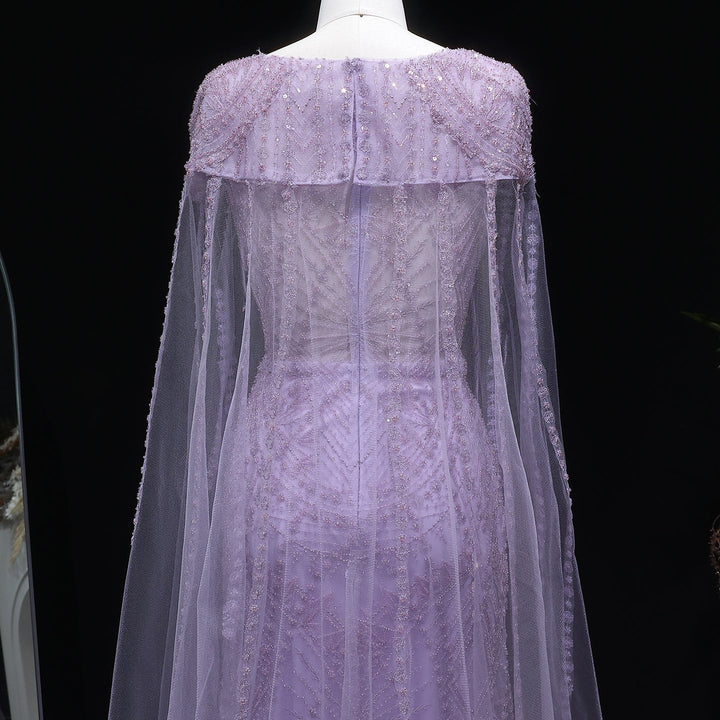 Luxury Lilac Beaded Evening Dress with Cape Sleeves Arabic SS019-DreamyVow