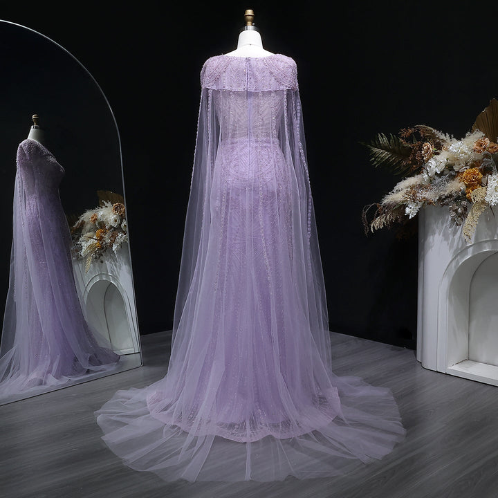 Luxury Lilac Beaded Evening Dress with Cape Sleeves Arabic SS019-DreamyVow