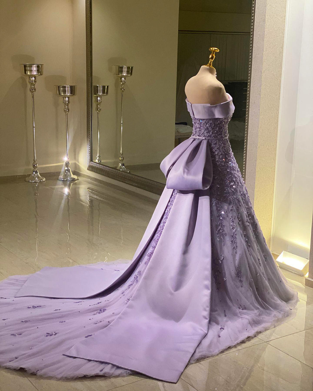 Luxury Lilac Mermaid Evening Dress with Sparkling Beads and Overskirt SS556