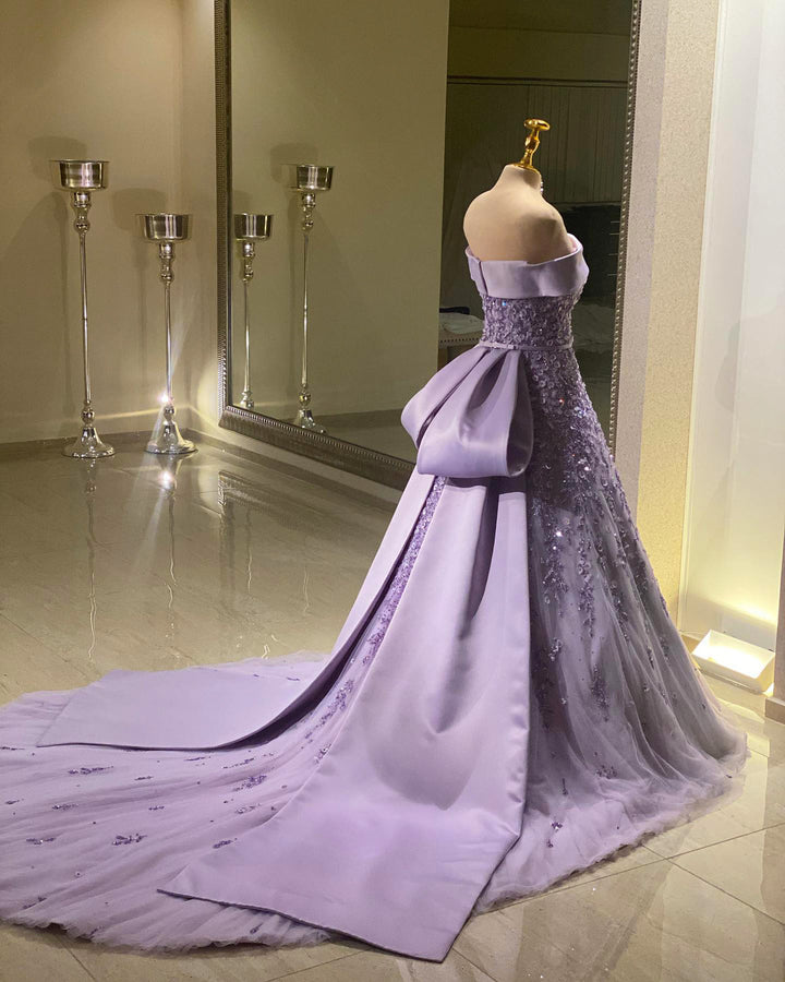 Luxury Lilac Mermaid Evening Dress with Sparkling Beads and Overskirt SS556