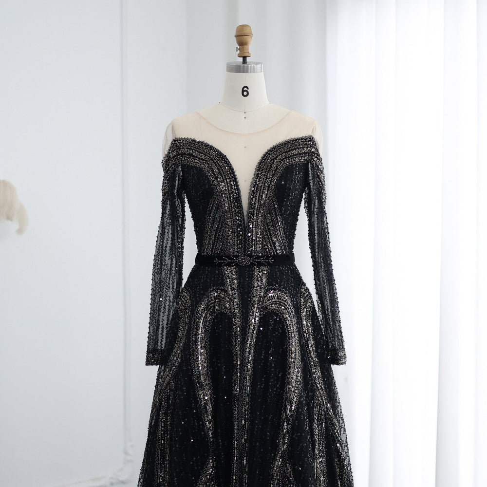 Luxury Long Sleeves Black Evening Dress SS040