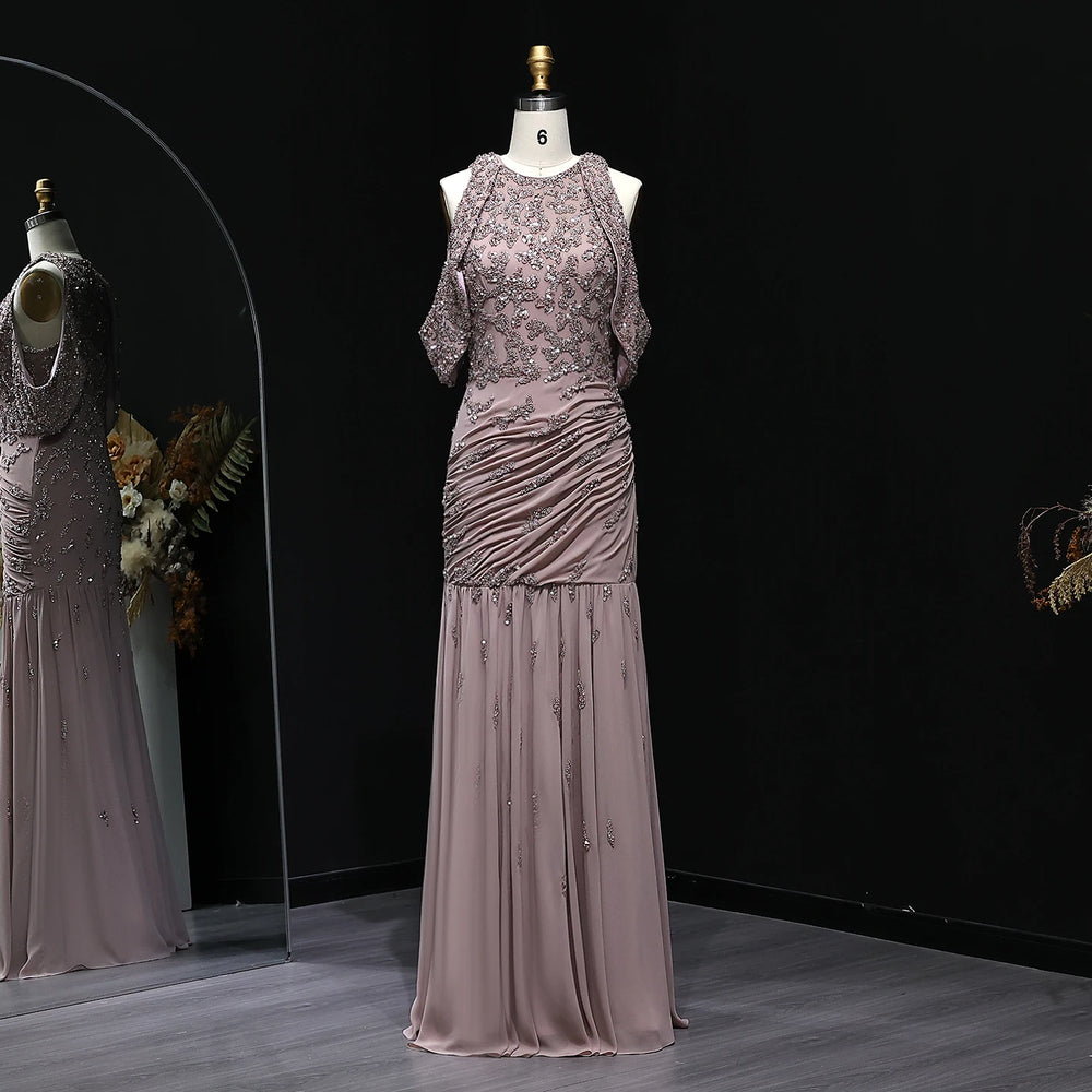 Luxury Mauve Off Shoulder Beaded Evening Dress SS559