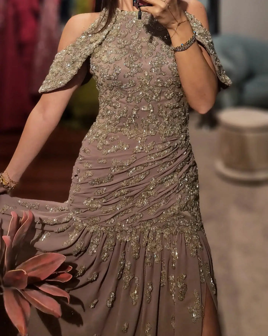 Luxury Mauve Off Shoulder Beaded Evening Dress SS559