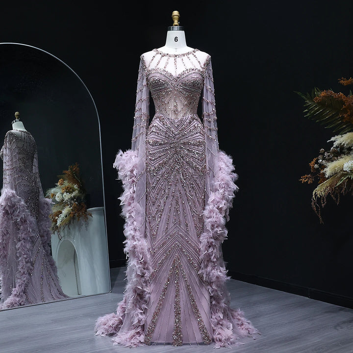 Luxury Mermaid Evening Dress with Feather Cape Sleeves SS082