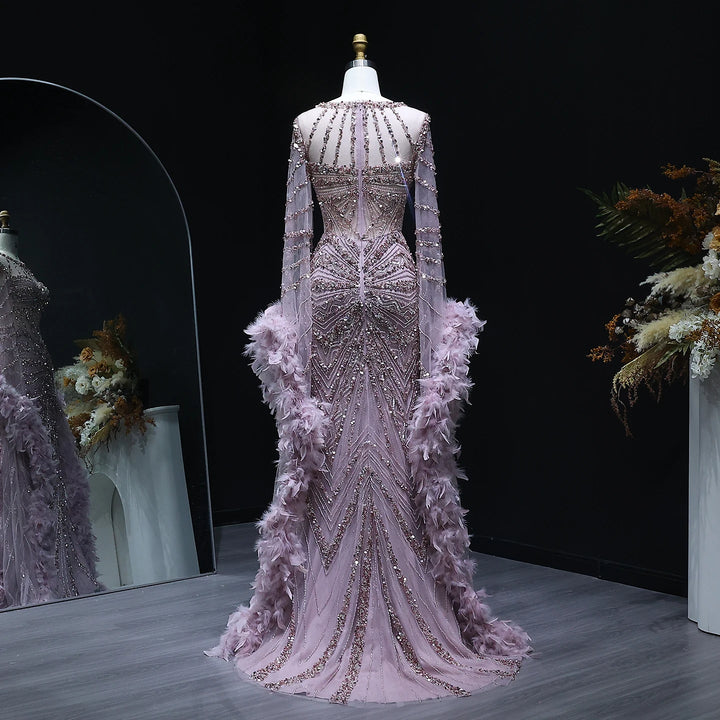 Luxury Mermaid Evening Dress with Feather Cape Sleeves SS082