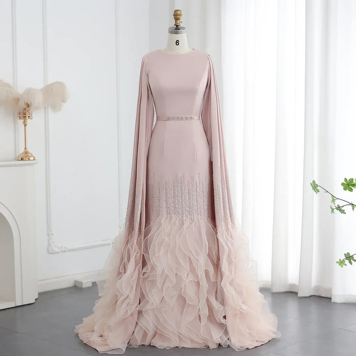 Luxury Mermaid Nude Evening Dresses with Cape Sleeves SS440