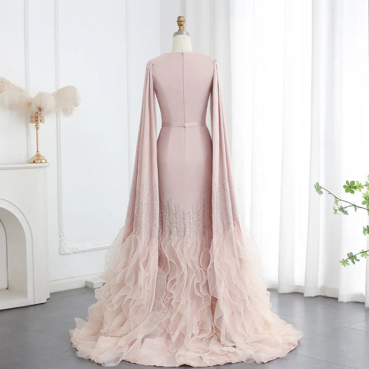 Luxury Mermaid Nude Evening Dresses with Cape Sleeves SS440