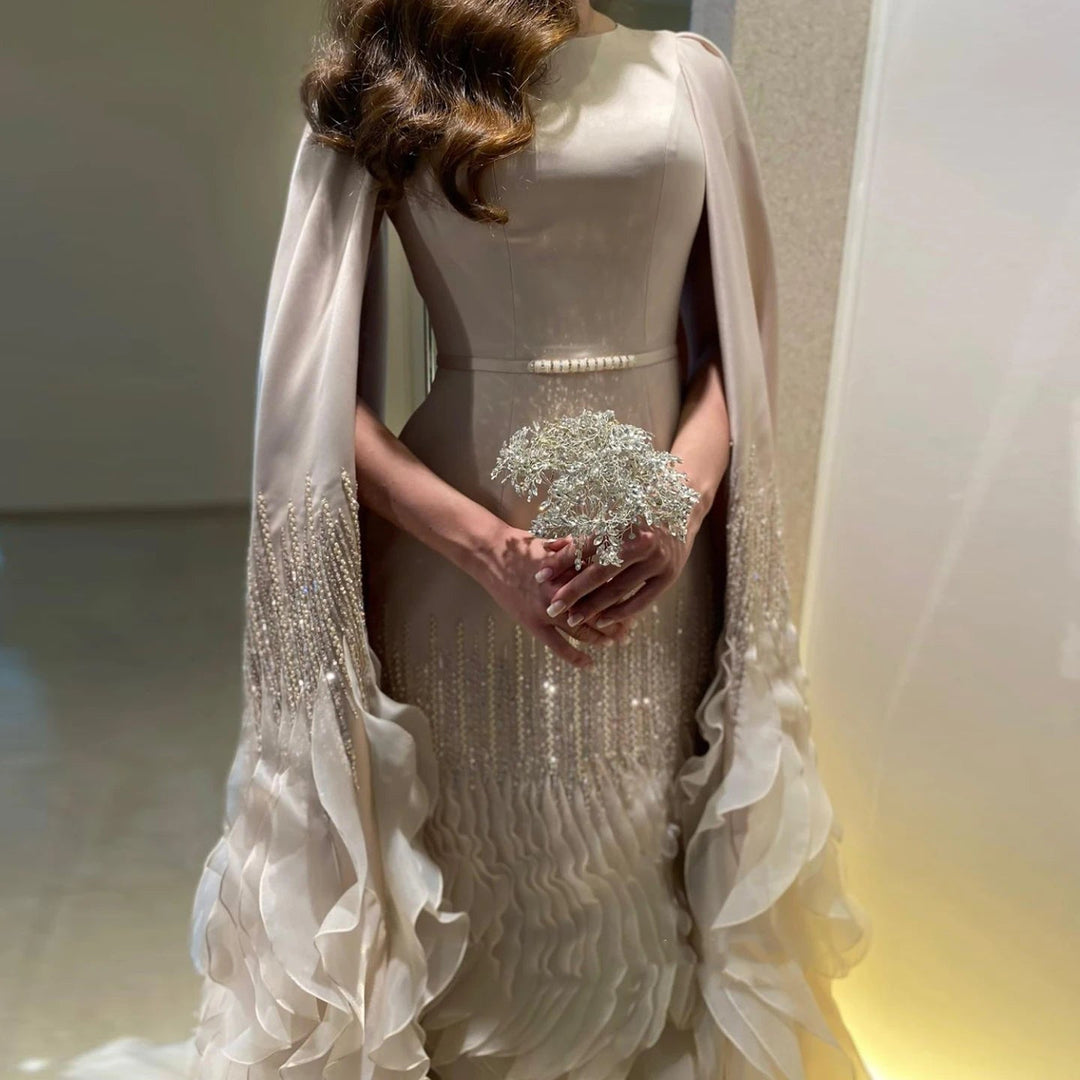 Luxury Mermaid Nude Evening Dresses with Cape Sleeves SS440