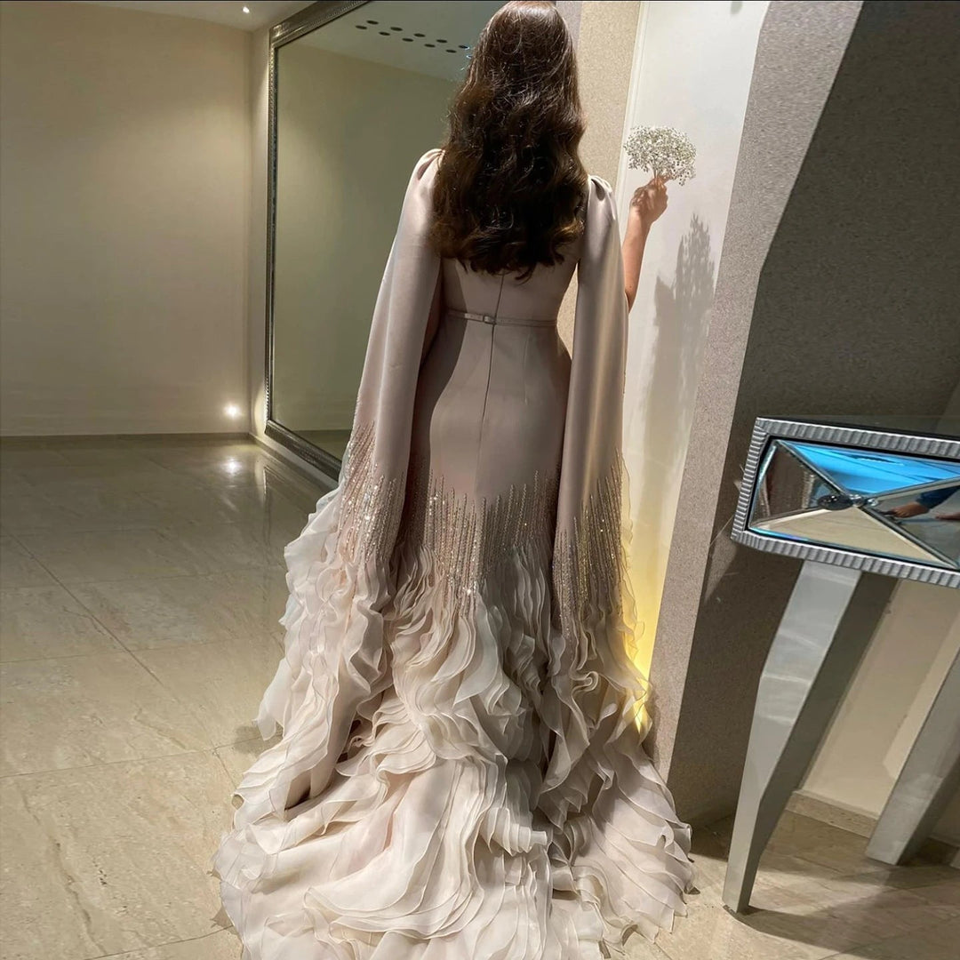 Luxury Mermaid Nude Evening Dresses with Cape Sleeves SS440