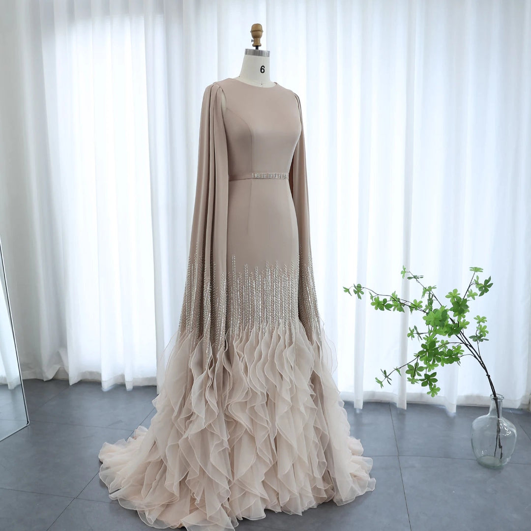 Luxury Mermaid Nude Evening Dresses with Cape Sleeves SS440