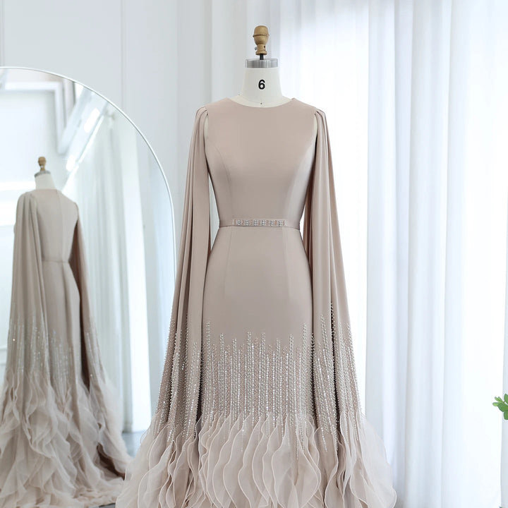 Luxury Mermaid Nude Evening Dresses with Cape Sleeves SS440