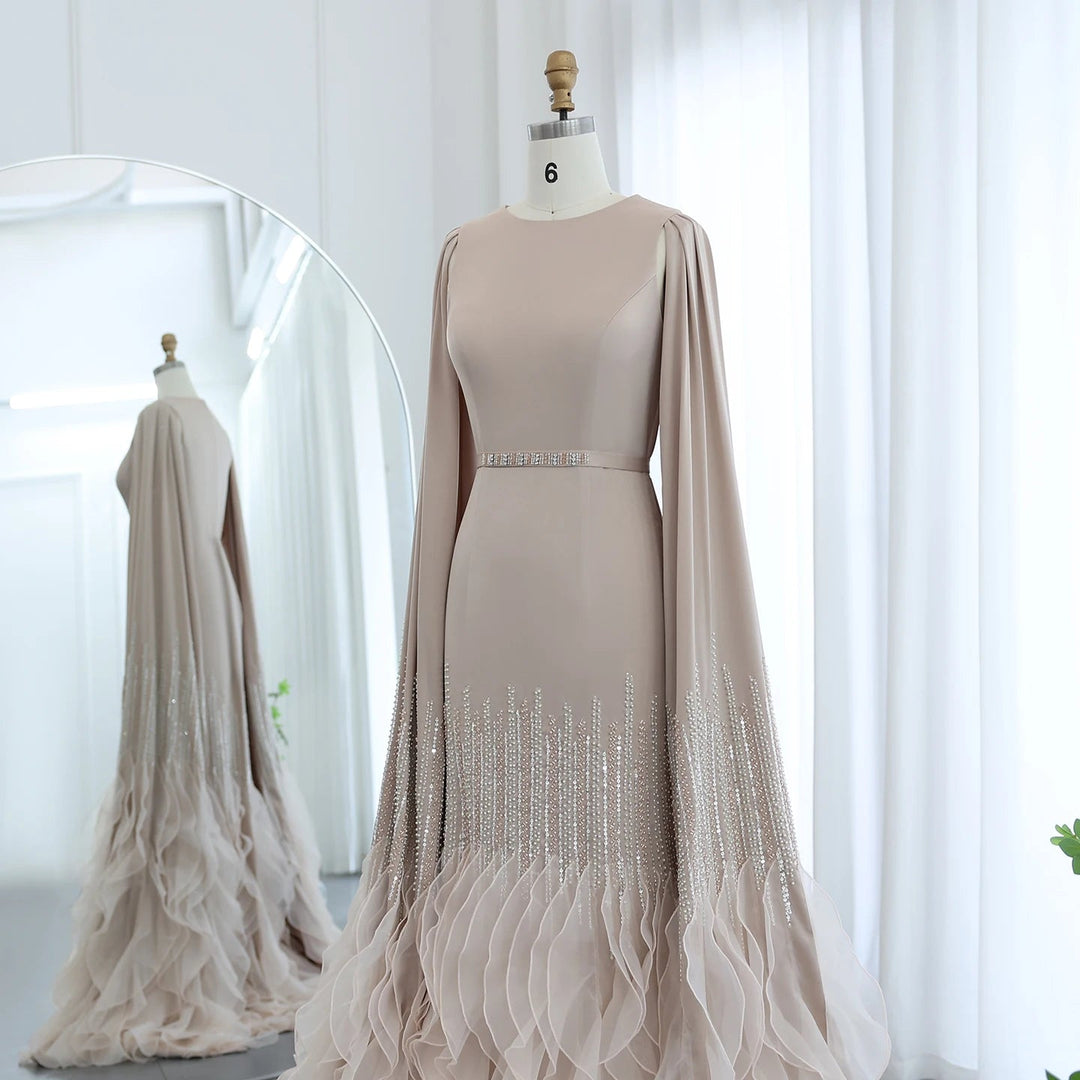 Luxury Mermaid Nude Evening Dresses with Cape Sleeves SS440