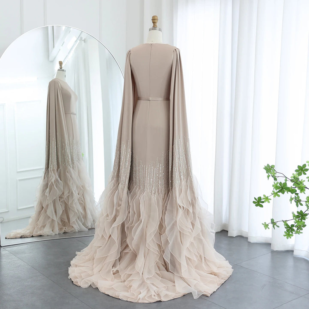 Luxury Mermaid Nude Evening Dresses with Cape Sleeves SS440
