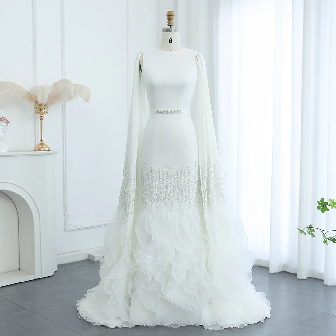 Luxury Mermaid Nude Evening Dresses with Cape Sleeves SS440
