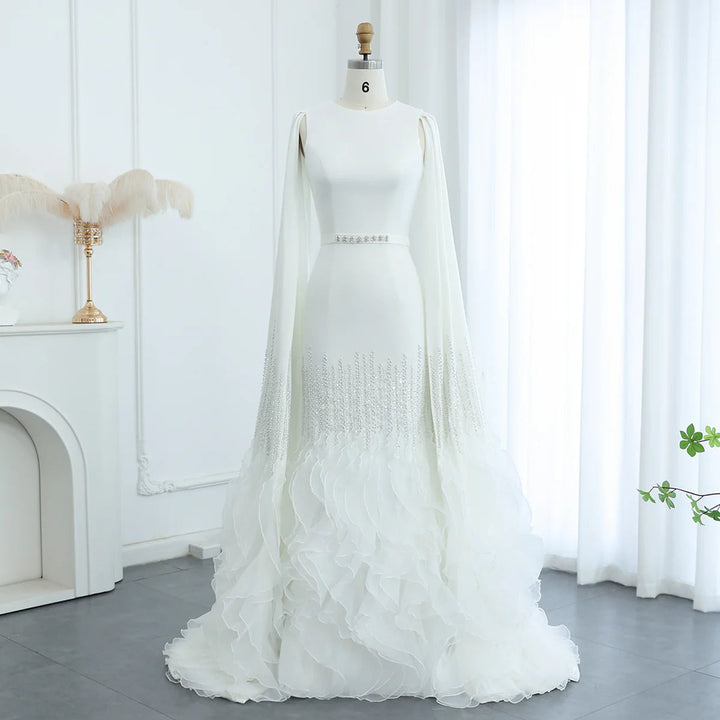 Luxury Mermaid Nude Evening Dresses with Cape Sleeves SS440