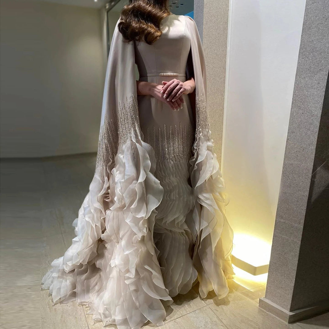 Luxury Mermaid Nude Evening Dresses with Cape Sleeves SS440