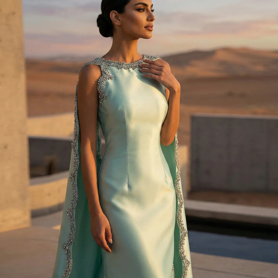 Luxury Mint Green Satin Crystal Cape Evening Dress SS503-DreamyVow