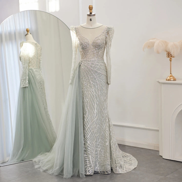Luxury Muslim Gold Mermaid Beaded Dubai Evening Dresses with Overskirt SS048
