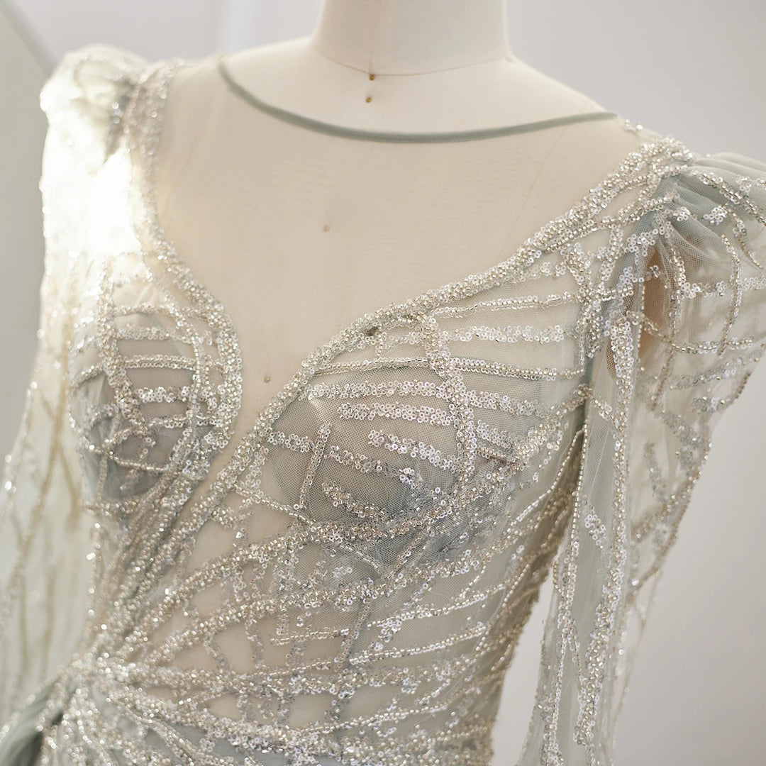 Luxury Muslim Gold Mermaid Beaded Dubai Evening Dresses with Overskirt SS048
