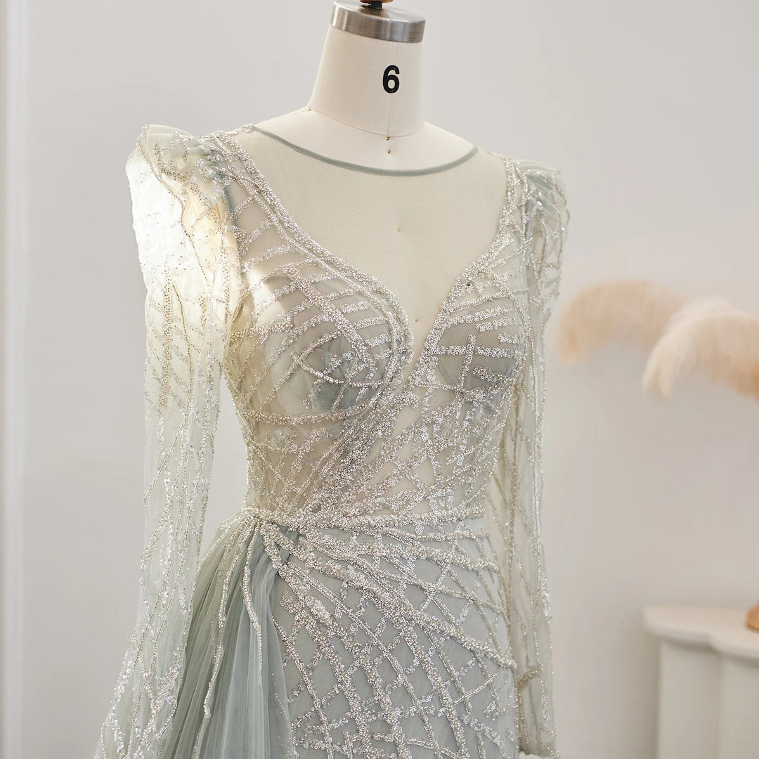 Luxury Muslim Gold Mermaid Beaded Dubai Evening Dresses with Overskirt SS048