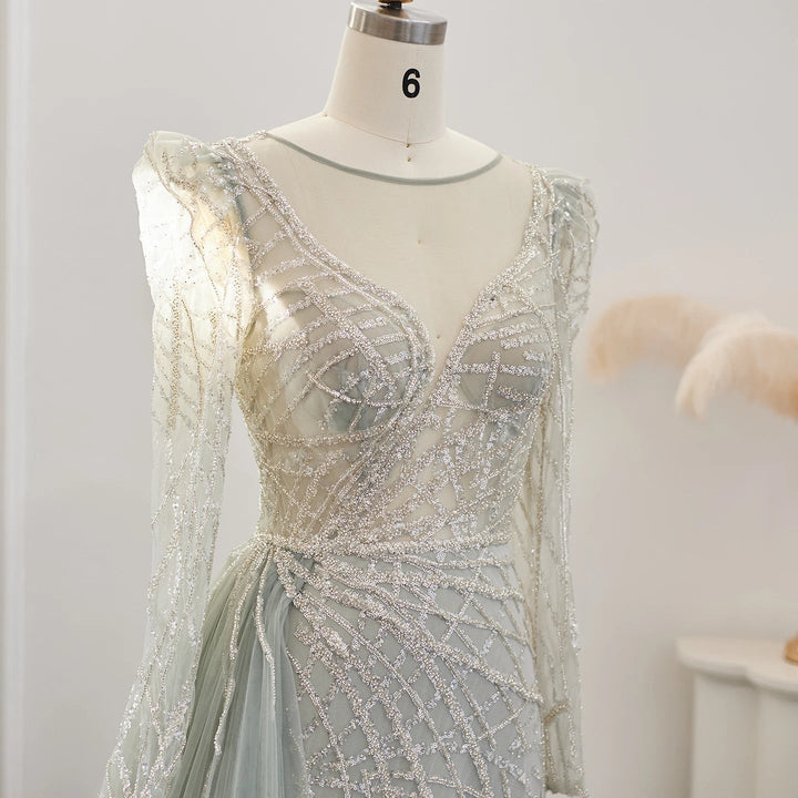 Luxury Muslim Gold Mermaid Beaded Dubai Evening Dresses with Overskirt SS048